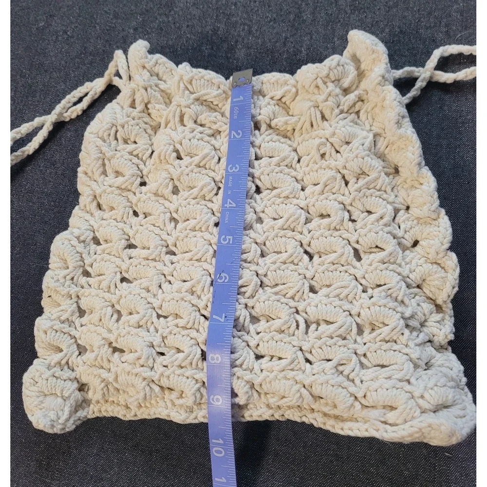 Vintage 60s 70s Boho Crocheted‎ Knit White Shoulder Bag Drawstring Pouch